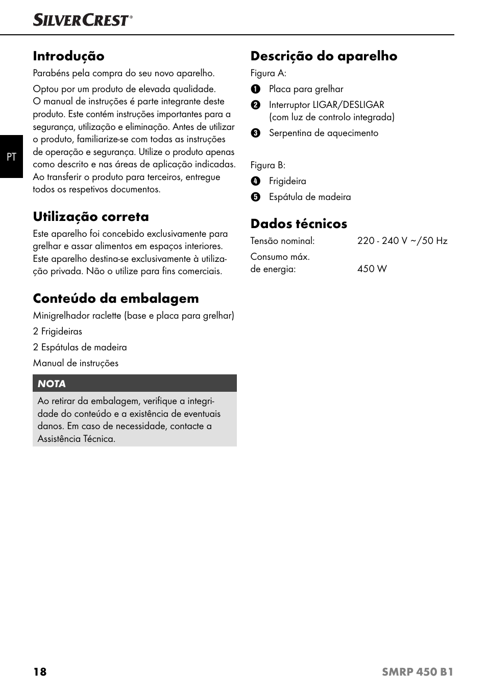 Introdução, Utilização correta, Conteúdo da embalagem | Descrição do aparelho, Dados técnicos | Silvercrest SMRP 450 B1 User Manual | Page 21 / 44