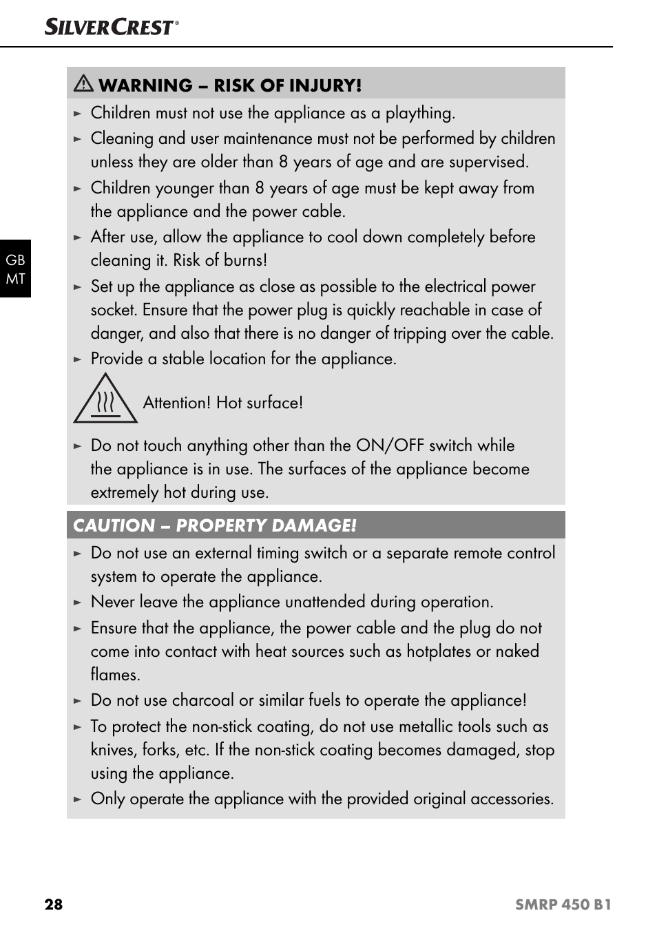 Warning – risk of injury, Children must not use the appliance as a plaything | Silvercrest SMRP 450 B1 User Manual | Page 31 / 44