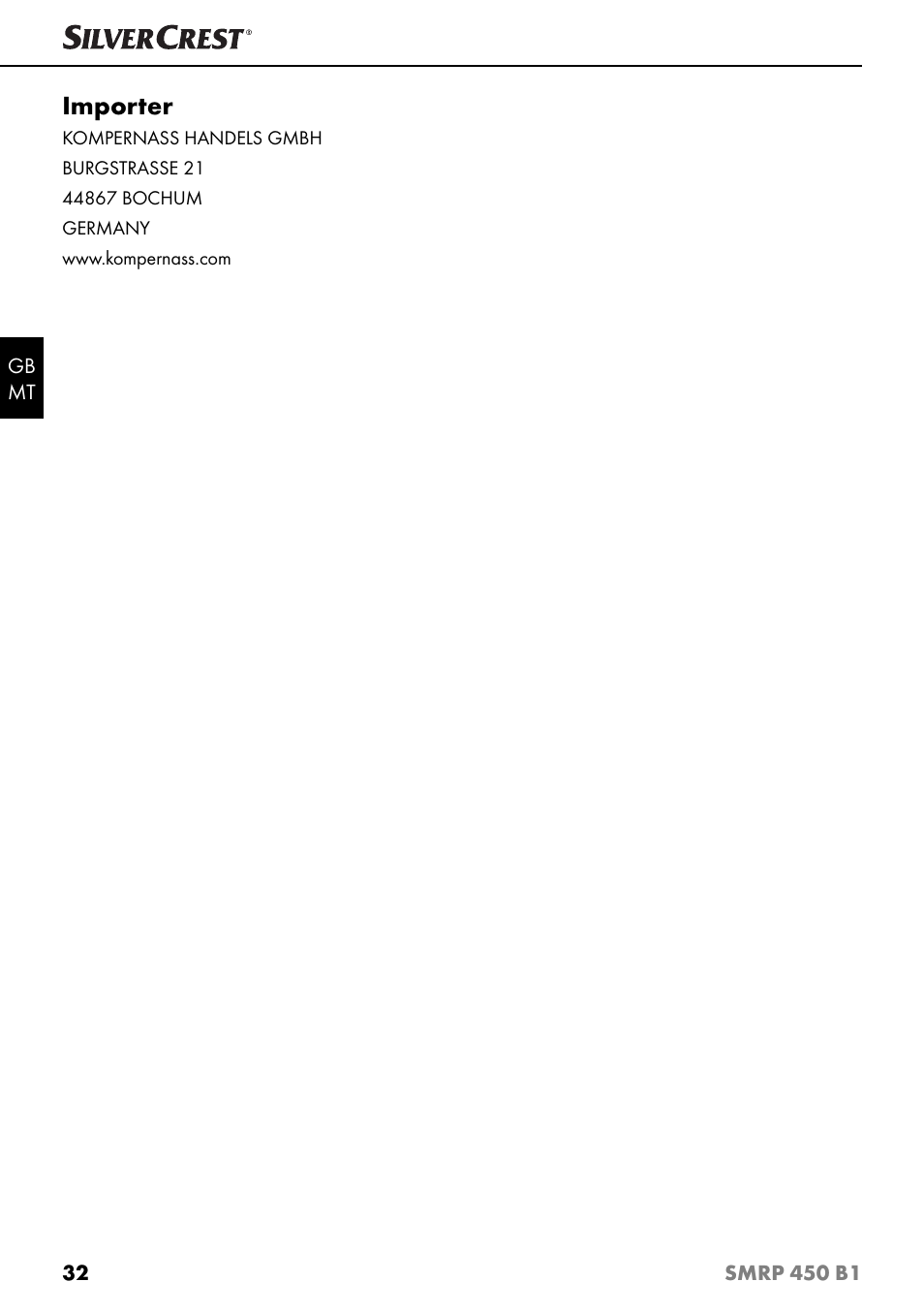 Importer | Silvercrest SMRP 450 B1 User Manual | Page 35 / 44