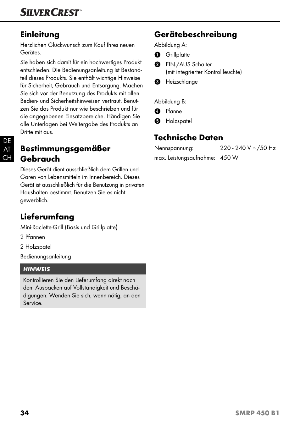 Einleitung, Bestimmungsgemäßer gebrauch, Lieferumfang | Gerätebeschreibung, Technische daten | Silvercrest SMRP 450 B1 User Manual | Page 37 / 44