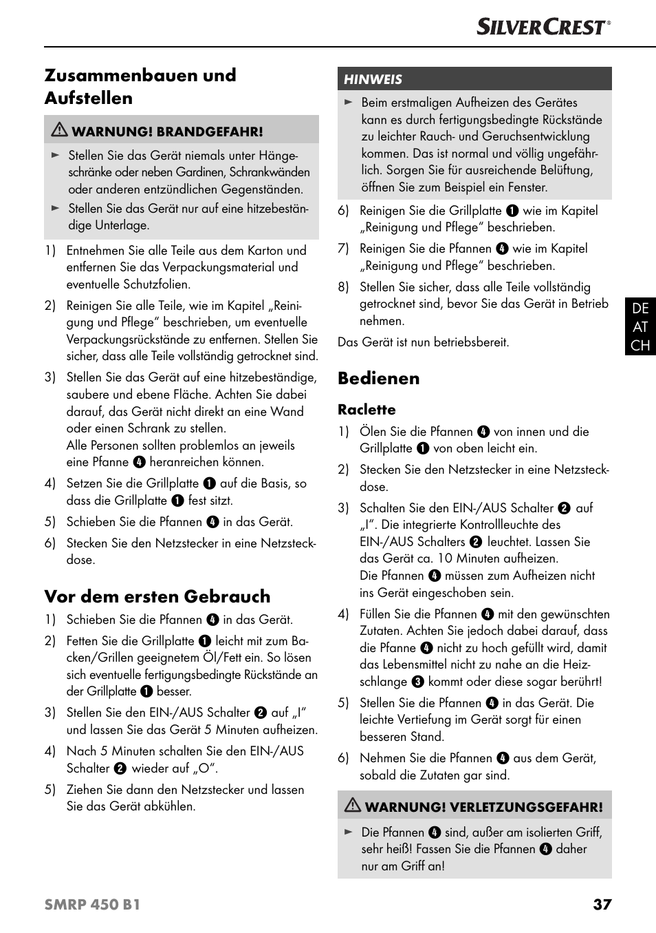 Zusammenbauen und aufstellen, Vor dem ersten gebrauch, Bedienen | Silvercrest SMRP 450 B1 User Manual | Page 40 / 44