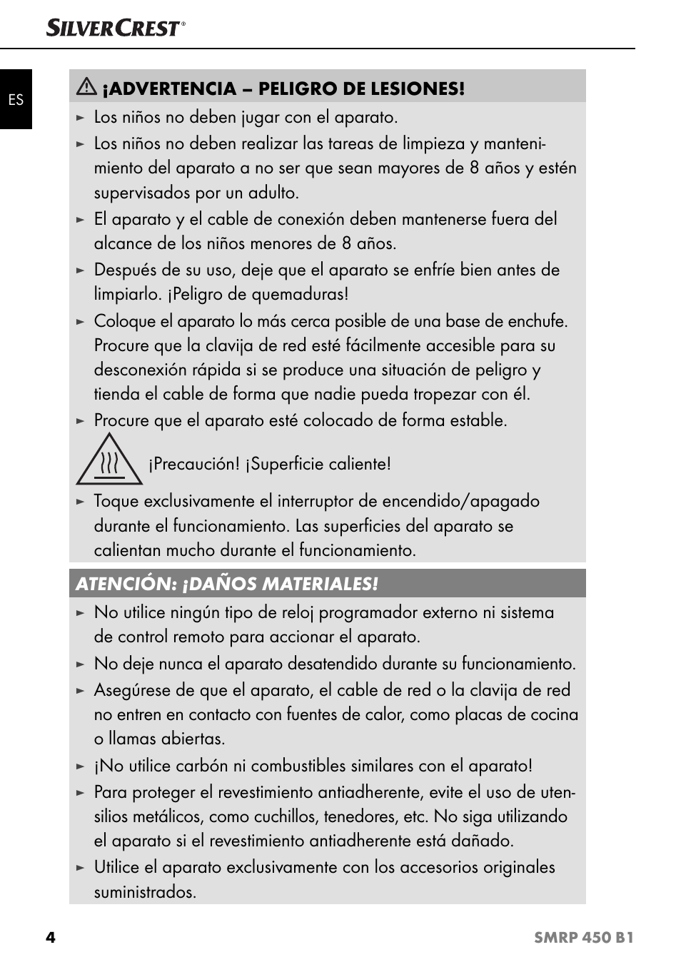 Advertencia – peligro de lesiones, Los niños no deben jugar con el aparato | Silvercrest SMRP 450 B1 User Manual | Page 7 / 44