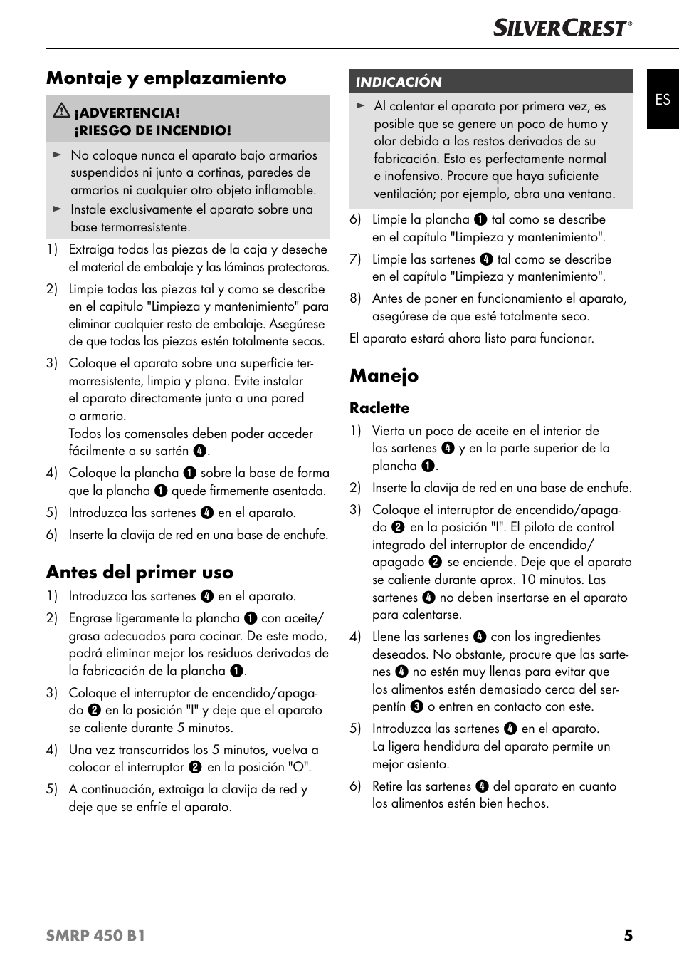 Montaje y emplazamiento, Antes del primer uso, Manejo | Silvercrest SMRP 450 B1 User Manual | Page 8 / 44