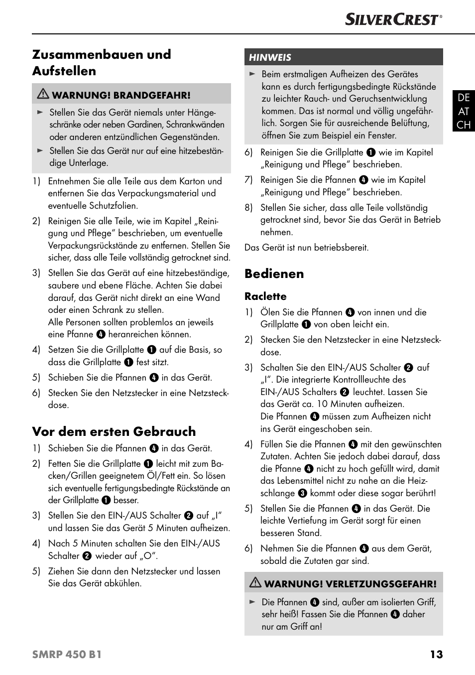 Zusammenbauen und aufstellen, Vor dem ersten gebrauch, Bedienen | Silvercrest SMRP 450 B1 User Manual | Page 16 / 27