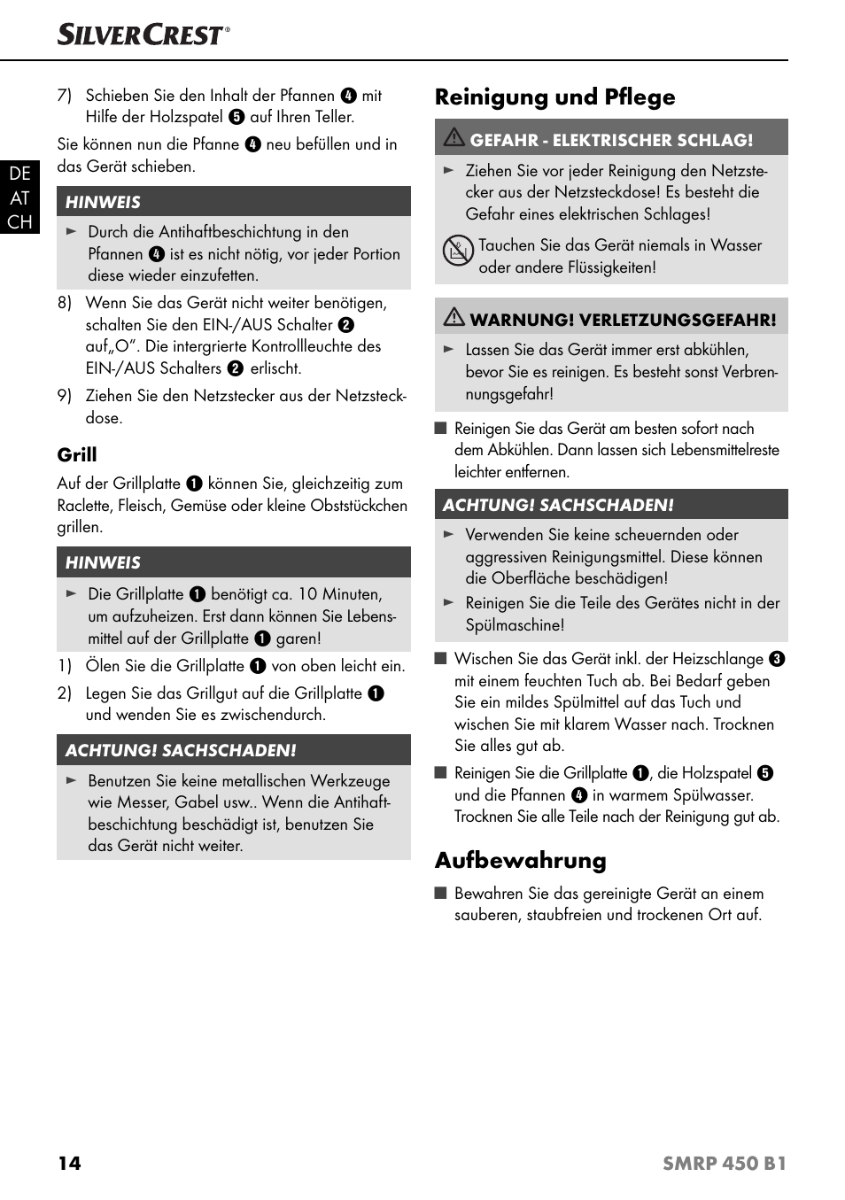 Reinigung und pﬂ ege, Aufbewahrung | Silvercrest SMRP 450 B1 User Manual | Page 17 / 27