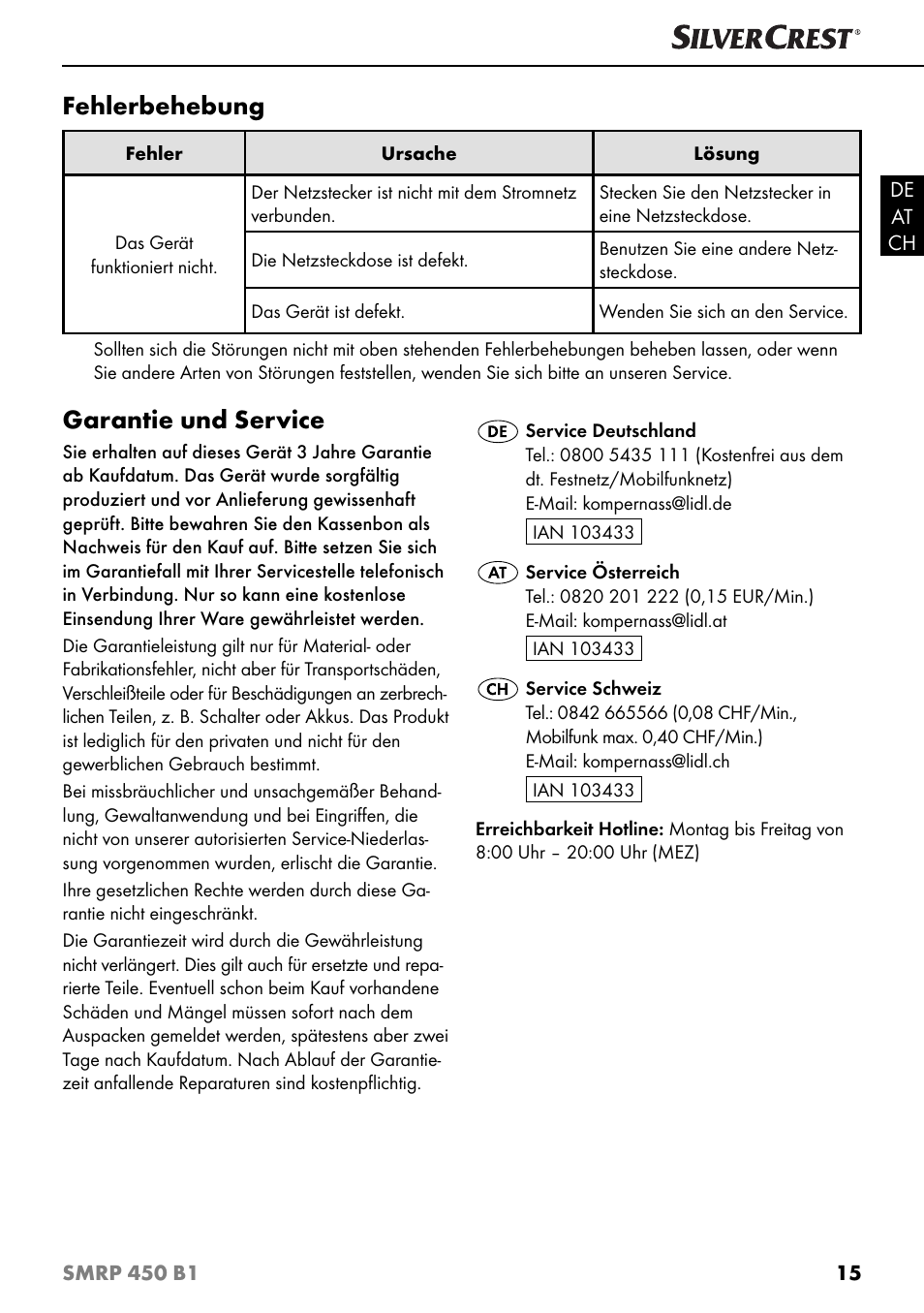 Fehlerbehebung, Garantie und service | Silvercrest SMRP 450 B1 User Manual | Page 18 / 27