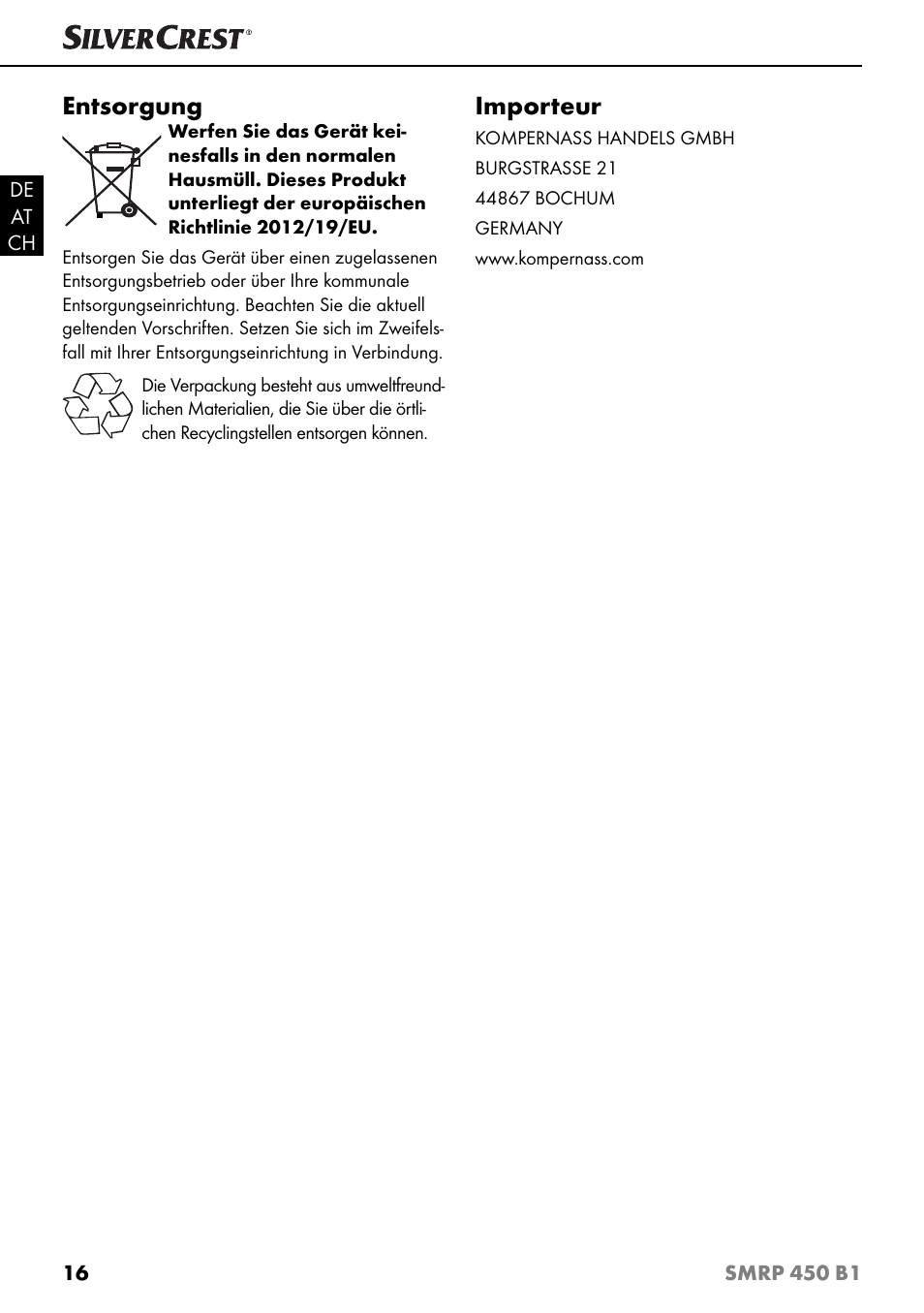 Entsorgung, Importeur | Silvercrest SMRP 450 B1 User Manual | Page 19 / 27