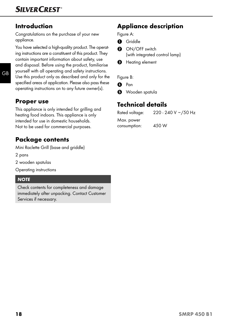 Introduction, Proper use, Package contents | Appliance description, Technical details | Silvercrest SMRP 450 B1 User Manual | Page 21 / 27