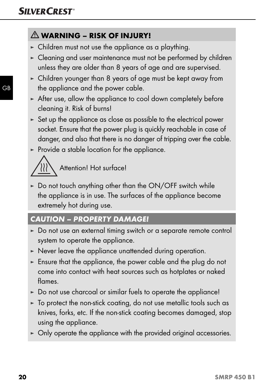 Warning – risk of injury, Children must not use the appliance as a plaything | Silvercrest SMRP 450 B1 User Manual | Page 23 / 27