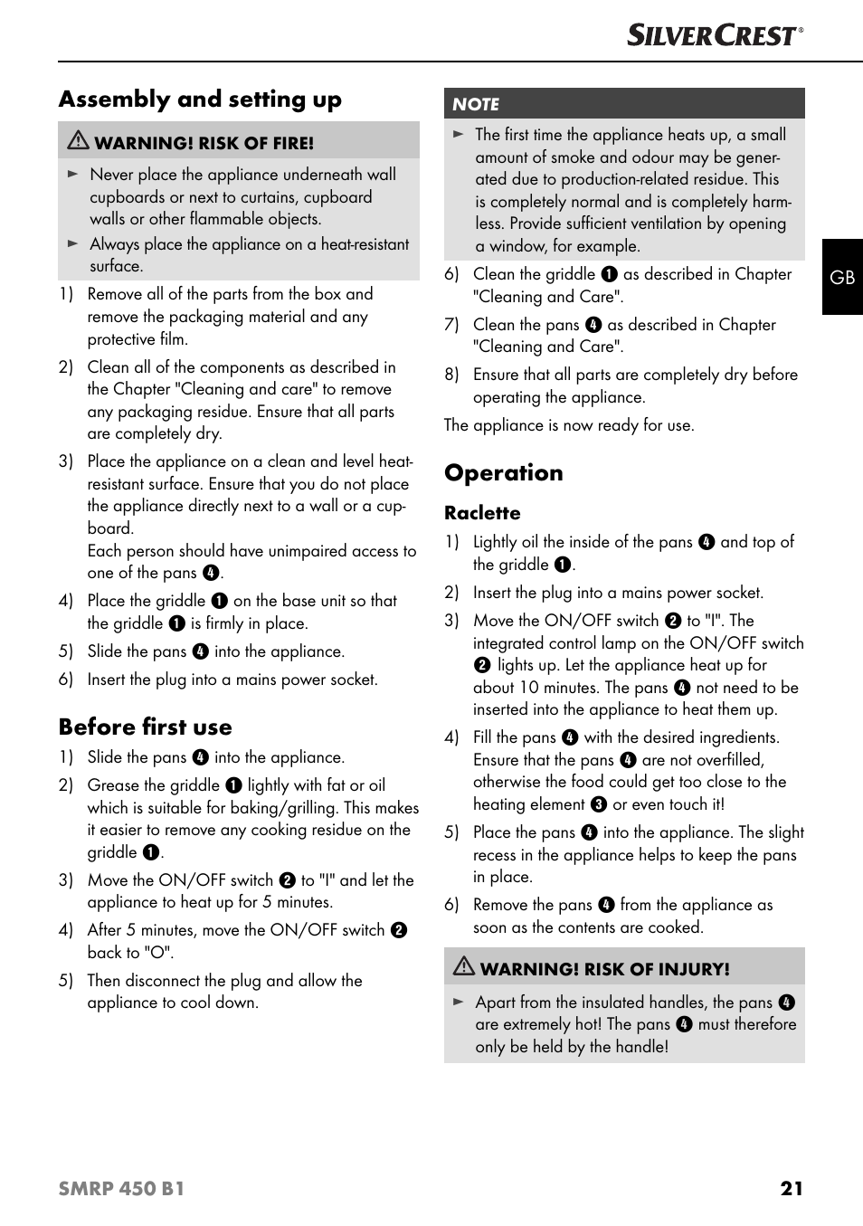 Assembly and setting up, Before ﬁ rst use, Operation | Silvercrest SMRP 450 B1 User Manual | Page 24 / 27
