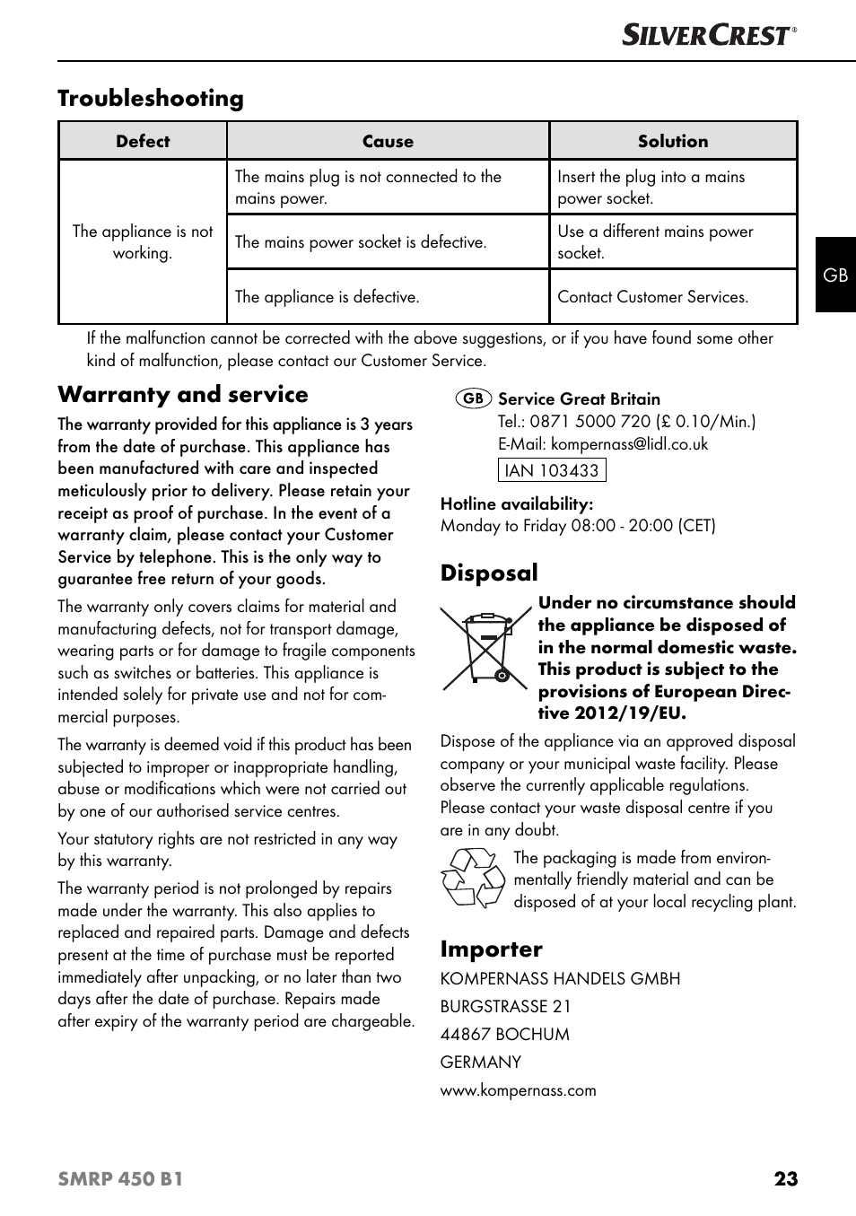 Troubleshooting, Warranty and service, Disposal | Importer | Silvercrest SMRP 450 B1 User Manual | Page 26 / 27