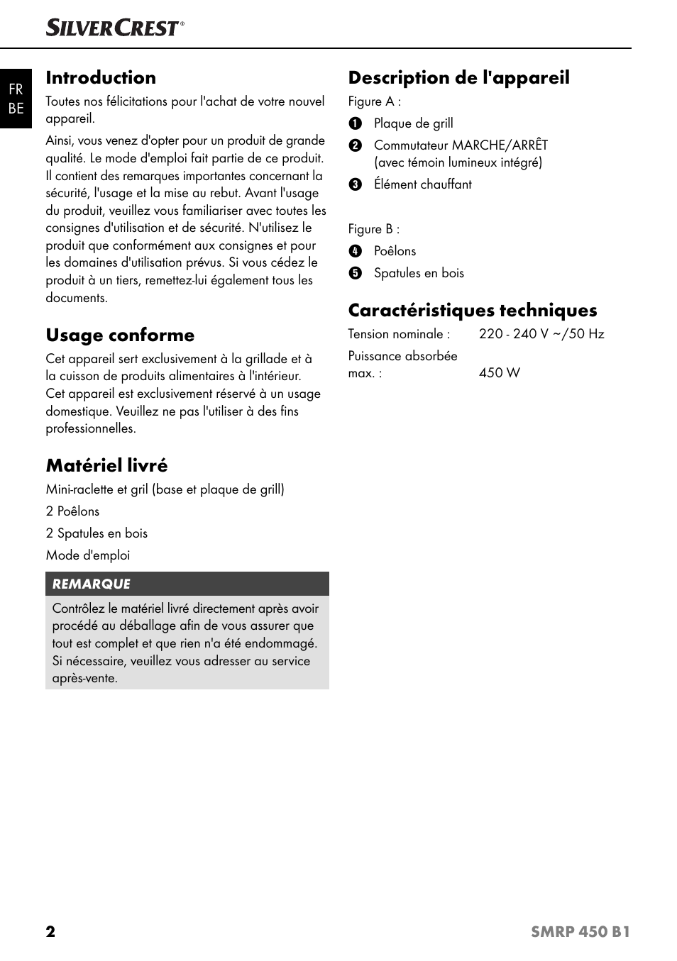 Introduction, Usage conforme, Matériel livré | Description de l'appareil, Caractéristiques techniques | Silvercrest SMRP 450 B1 User Manual | Page 5 / 27