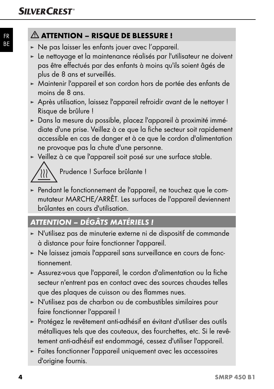 Attention – risque de blessure, Ne pas laisser les enfants jouer avec l’appareil | Silvercrest SMRP 450 B1 User Manual | Page 7 / 27