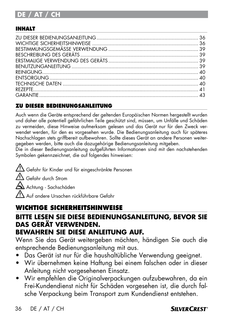 De / at / ch | Silvercrest SWER 700 A1 User Manual | Page 38 / 46