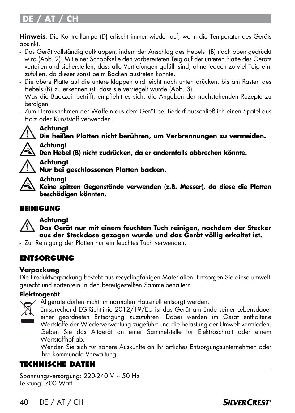 De / at / ch | Silvercrest SWER 700 A1 User Manual | Page 42 / 46