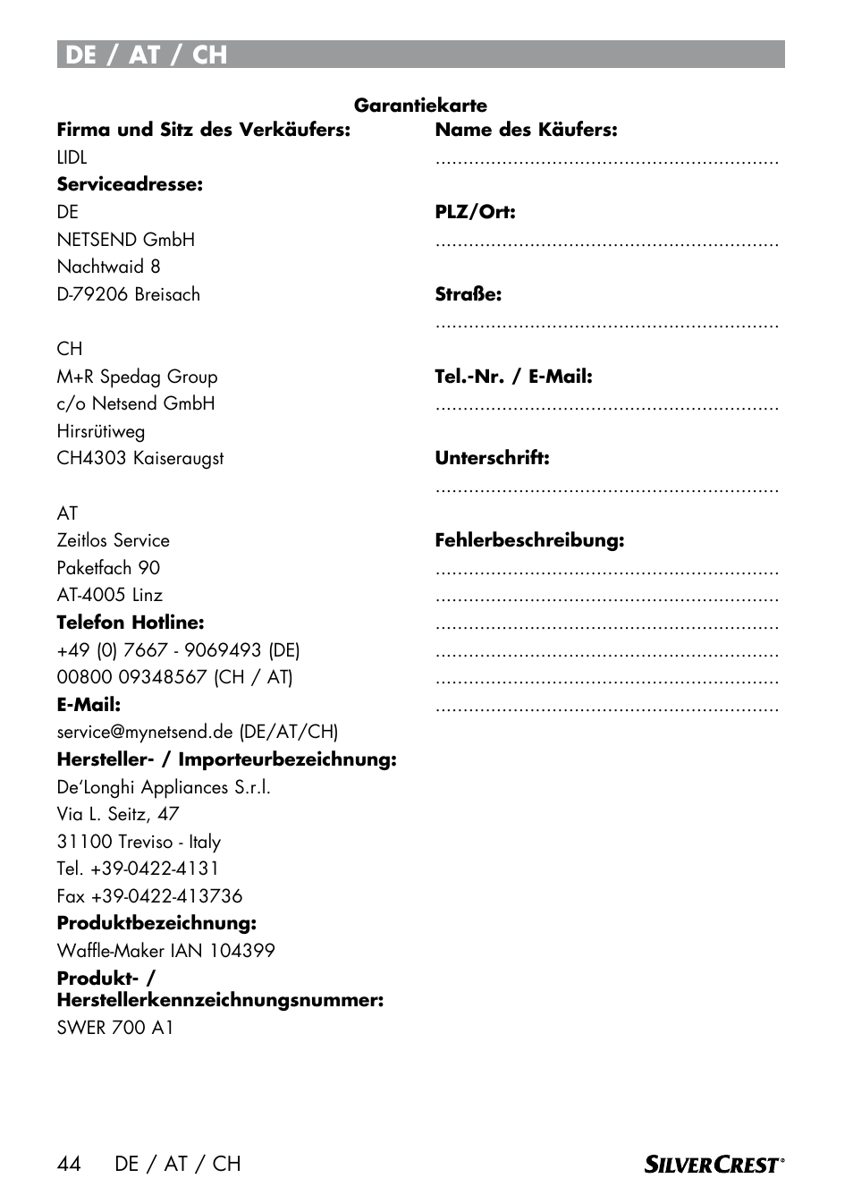 De / at / ch | Silvercrest SWER 700 A1 User Manual | Page 46 / 46