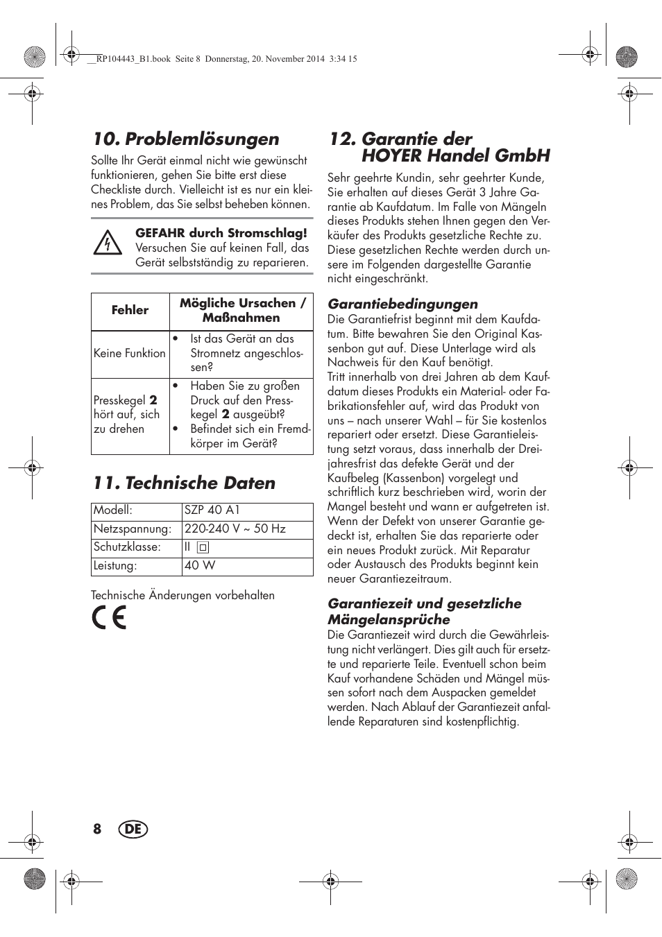 Problemlösungen, Technische daten, Garantie der hoyerhandel gmbh | Silvercrest SZP 40 A1 User Manual | Page 10 / 38
