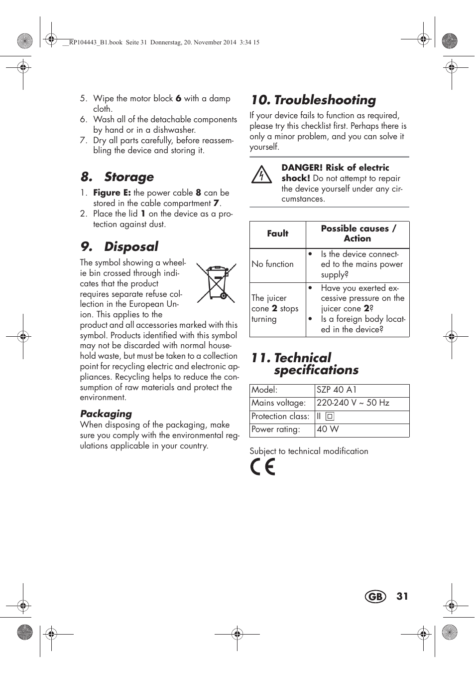 Storage, Disposal, Troubleshooting | Technical specifications | Silvercrest SZP 40 A1 User Manual | Page 33 / 38