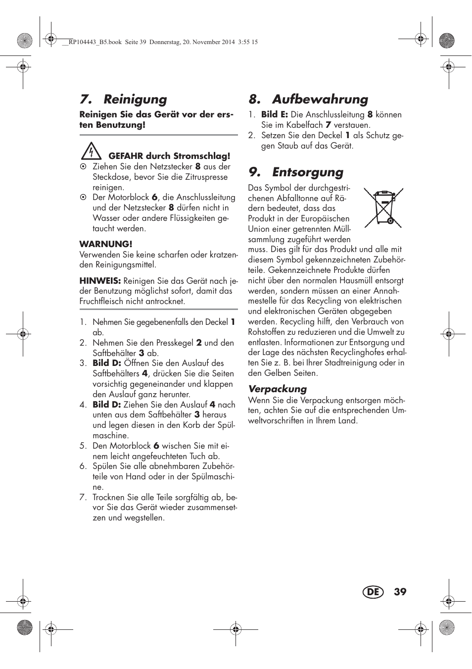 Reinigung, Aufbewahrung, Entsorgung | Silvercrest SZP 40 A1 User Manual | Page 41 / 44