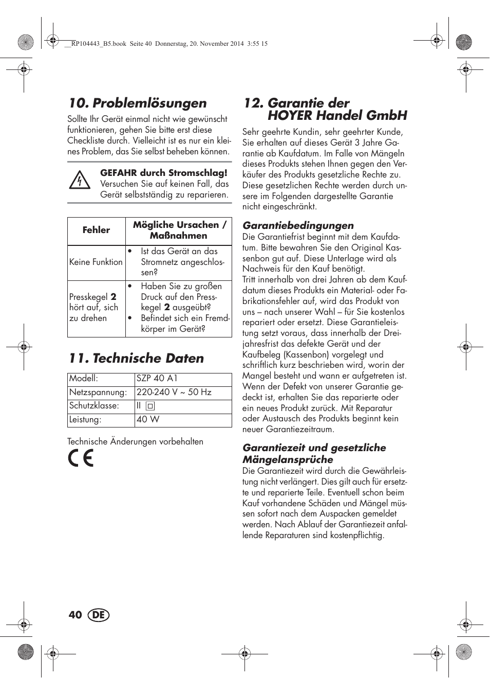 Problemlösungen, Technische daten, Garantie der hoyerhandel gmbh | Silvercrest SZP 40 A1 User Manual | Page 42 / 44