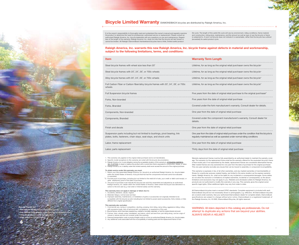 Bicycle limited warranty | Diamondback 2007 User Manual | Page 67 / 68