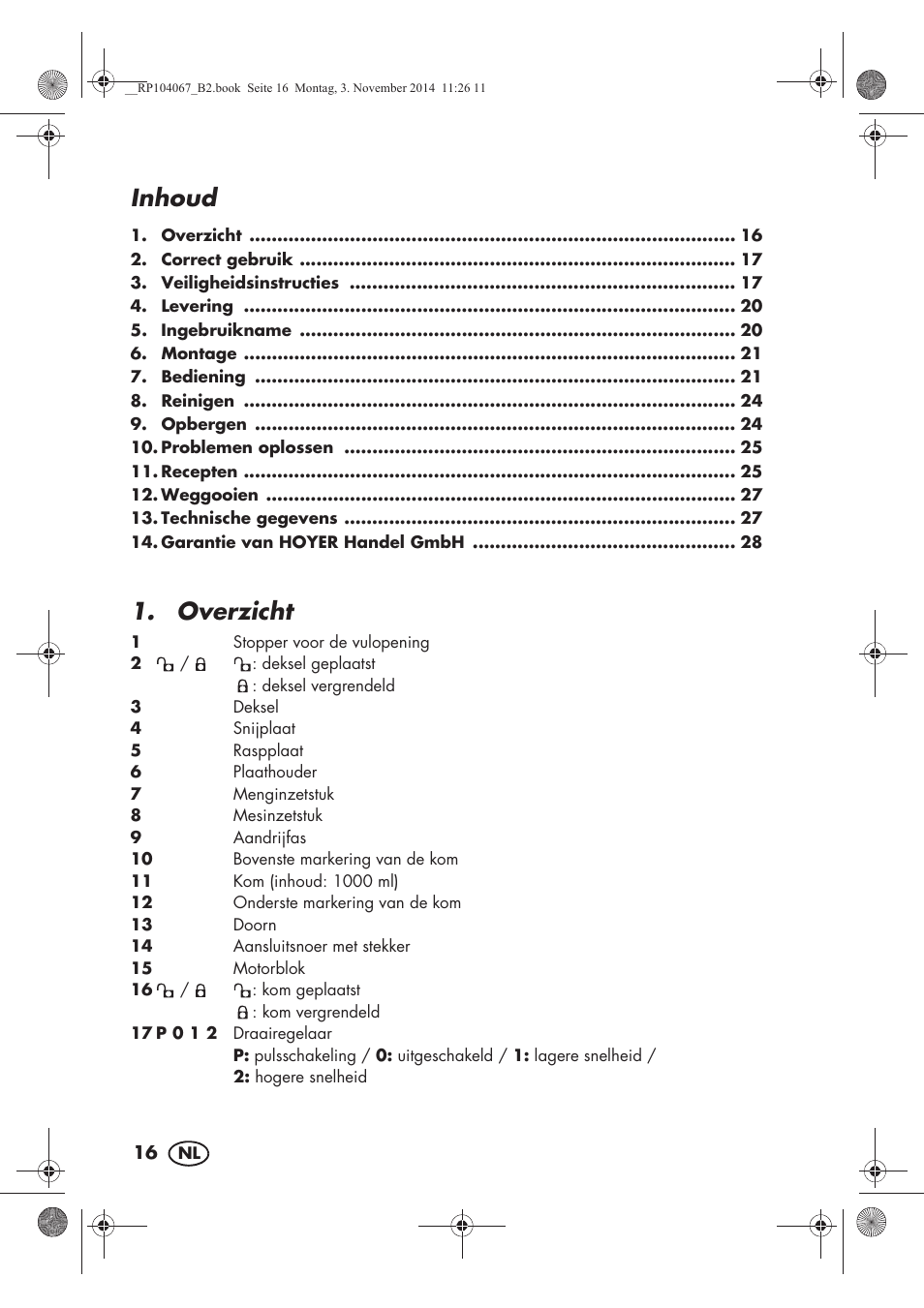 Inhoud, Overzicht | Silvercrest SKM 350 A1 User Manual | Page 18 / 62