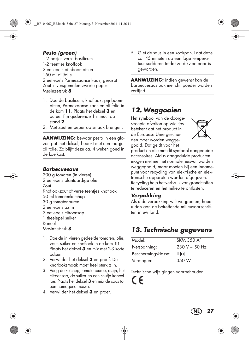 Weggooien, Technische gegevens | Silvercrest SKM 350 A1 User Manual | Page 29 / 62