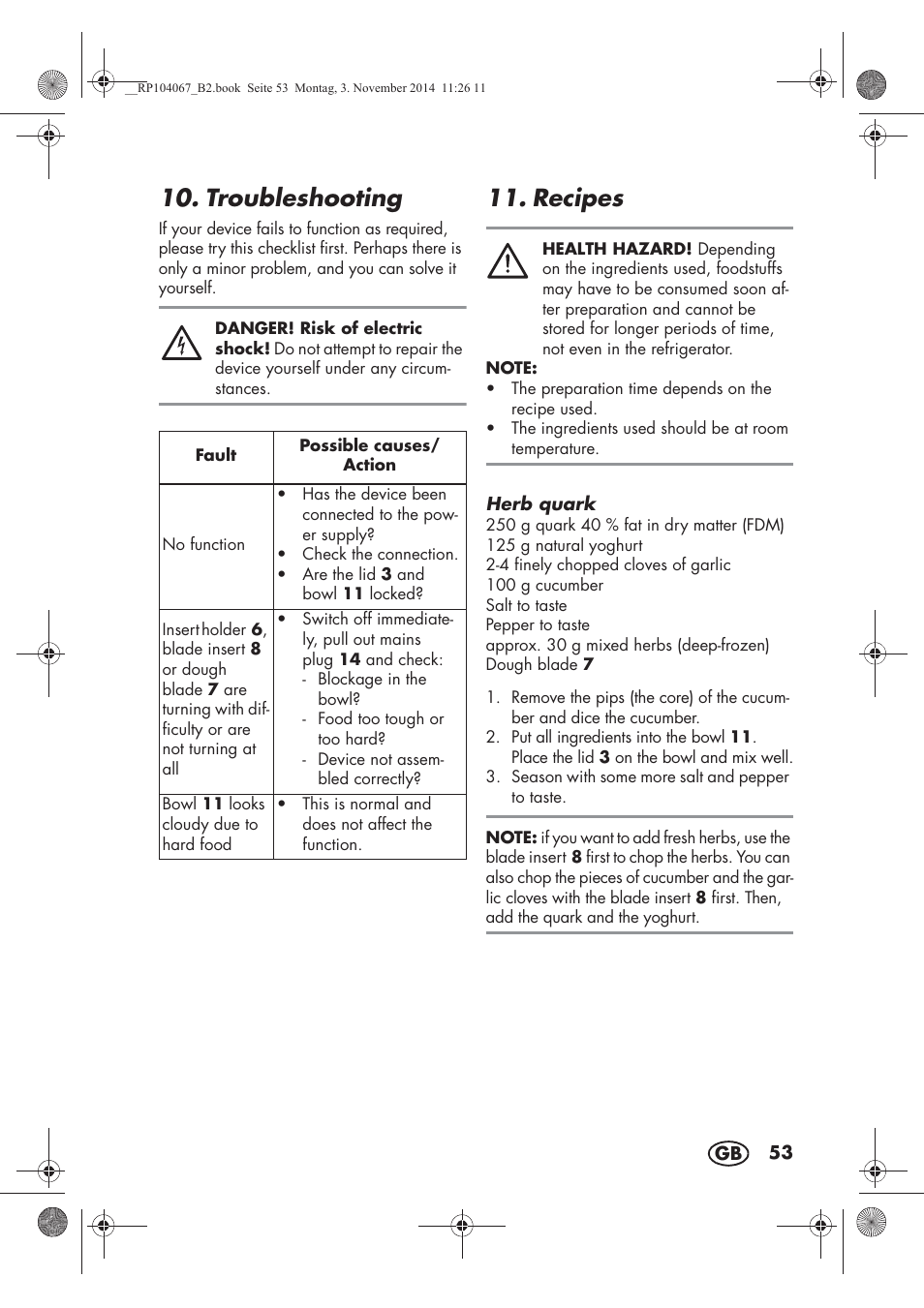 Troubleshooting, Recipes | Silvercrest SKM 350 A1 User Manual | Page 55 / 62