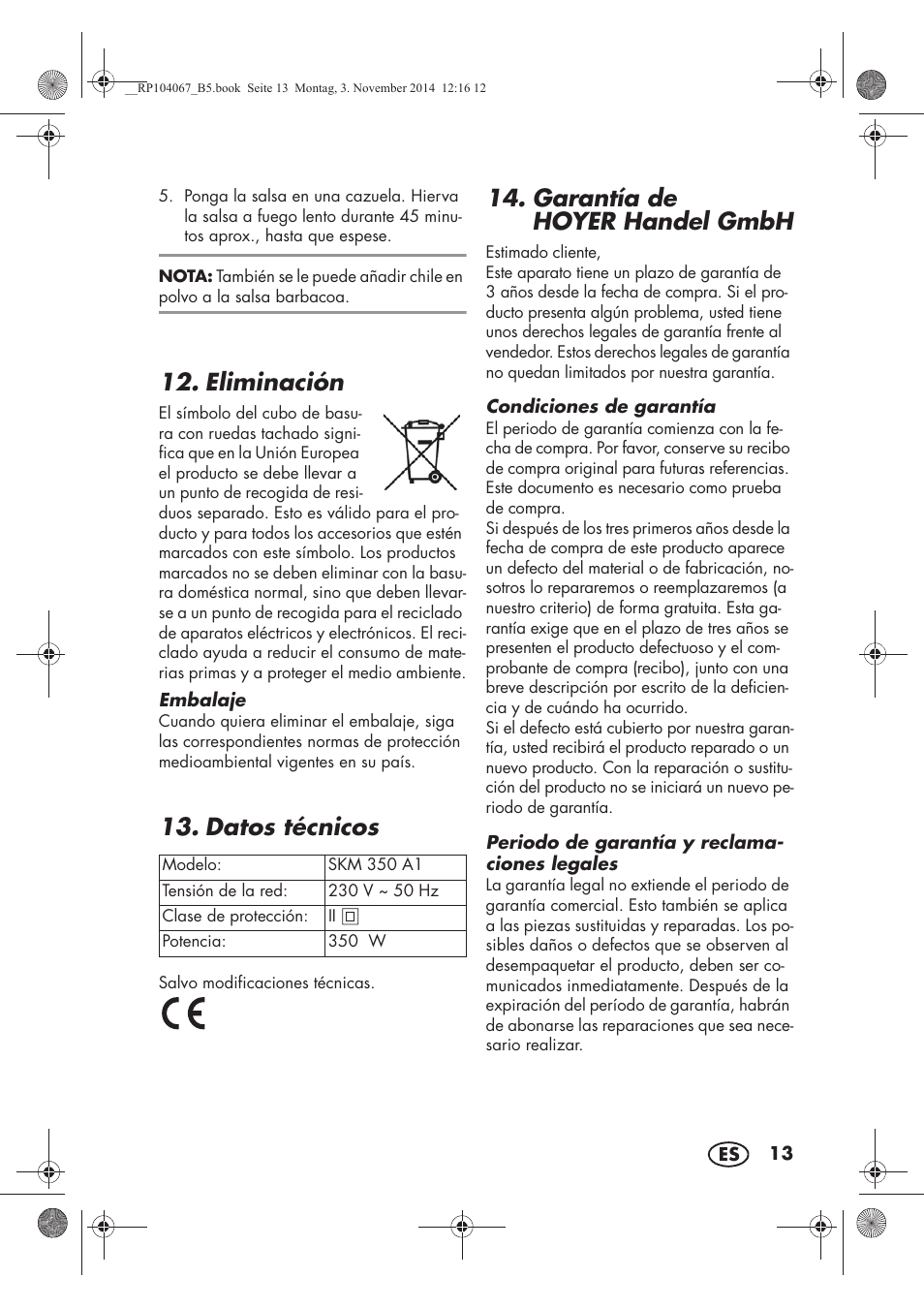 Eliminación, Datos técnicos, Garantía de hoyer handel gmbh | Silvercrest SKM 350 A1 User Manual | Page 15 / 74