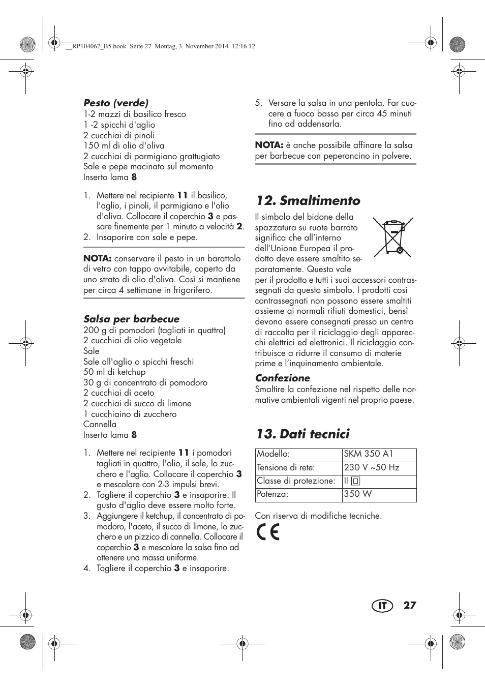 Smaltimento, Dati tecnici | Silvercrest SKM 350 A1 User Manual | Page 29 / 74