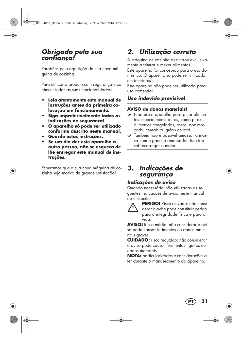 Obrigado pela sua confiança, Utilização correta, Indicações de segurança | Silvercrest SKM 350 A1 User Manual | Page 33 / 74