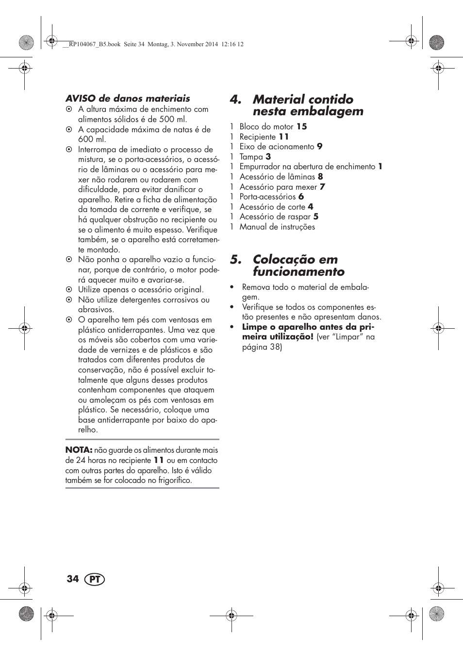 Material contido nesta embalagem, Colocação em funcionamento | Silvercrest SKM 350 A1 User Manual | Page 36 / 74