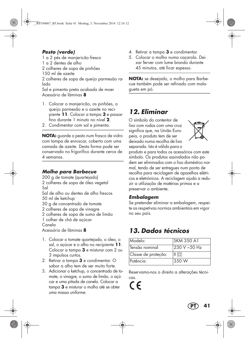 Eliminar, Dados técnicos | Silvercrest SKM 350 A1 User Manual | Page 43 / 74
