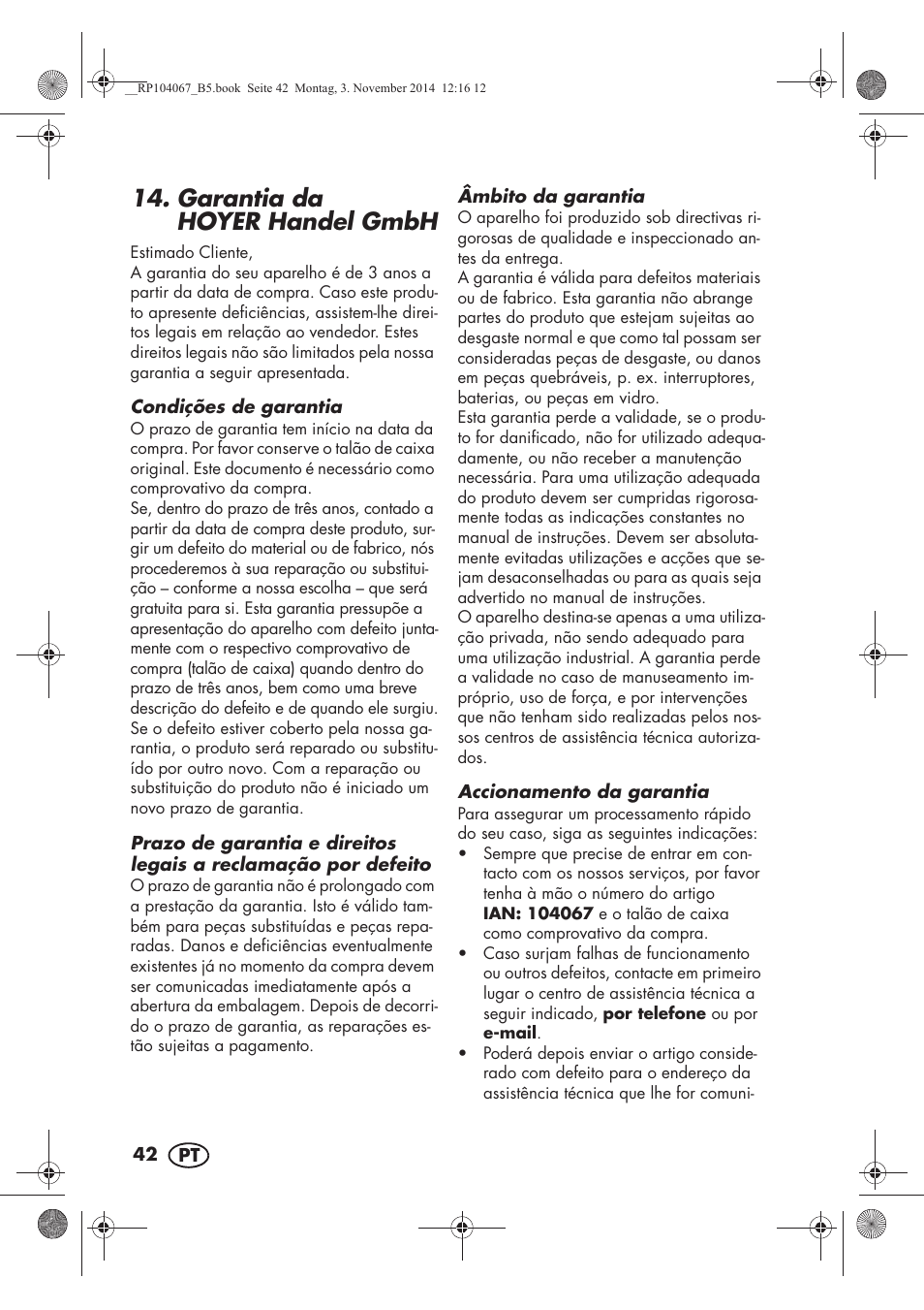 Garantia da hoyer handel gmbh | Silvercrest SKM 350 A1 User Manual | Page 44 / 74