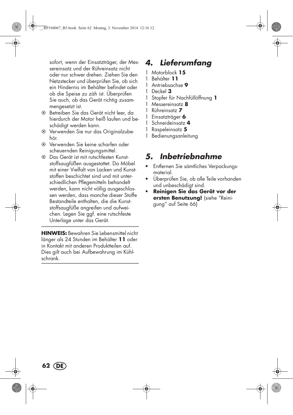 Lieferumfang, Inbetriebnahme | Silvercrest SKM 350 A1 User Manual | Page 64 / 74