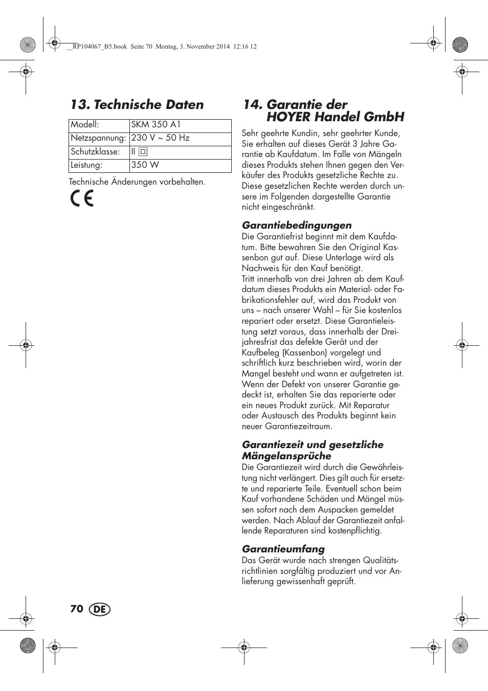 Technische daten, Garantie der hoyerhandel gmbh | Silvercrest SKM 350 A1 User Manual | Page 72 / 74