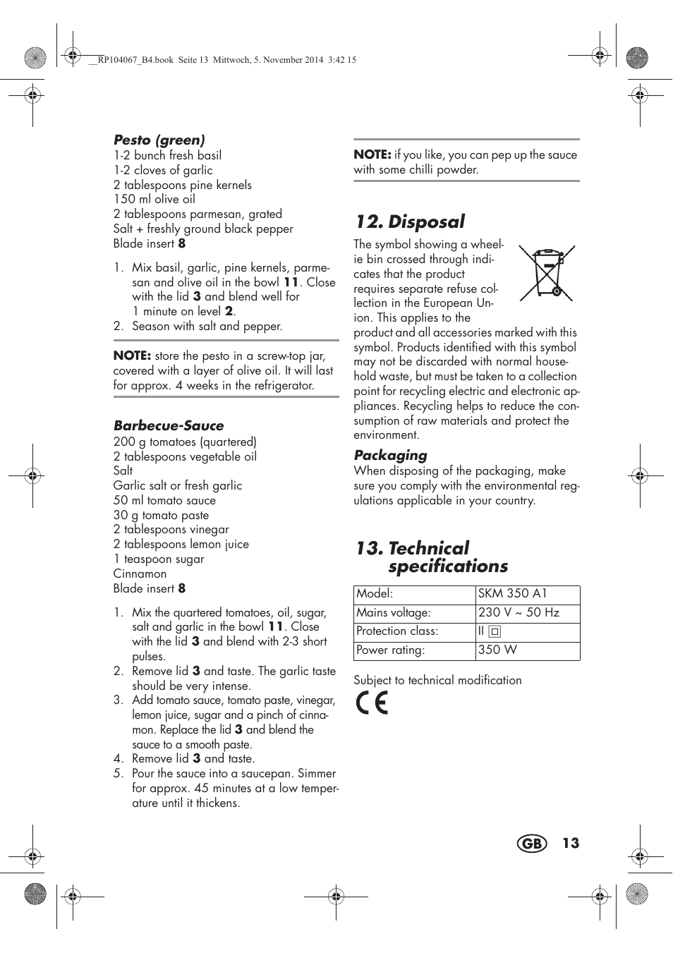 Disposal, Technical specifications | Silvercrest SKM 350 A1 User Manual | Page 15 / 102
