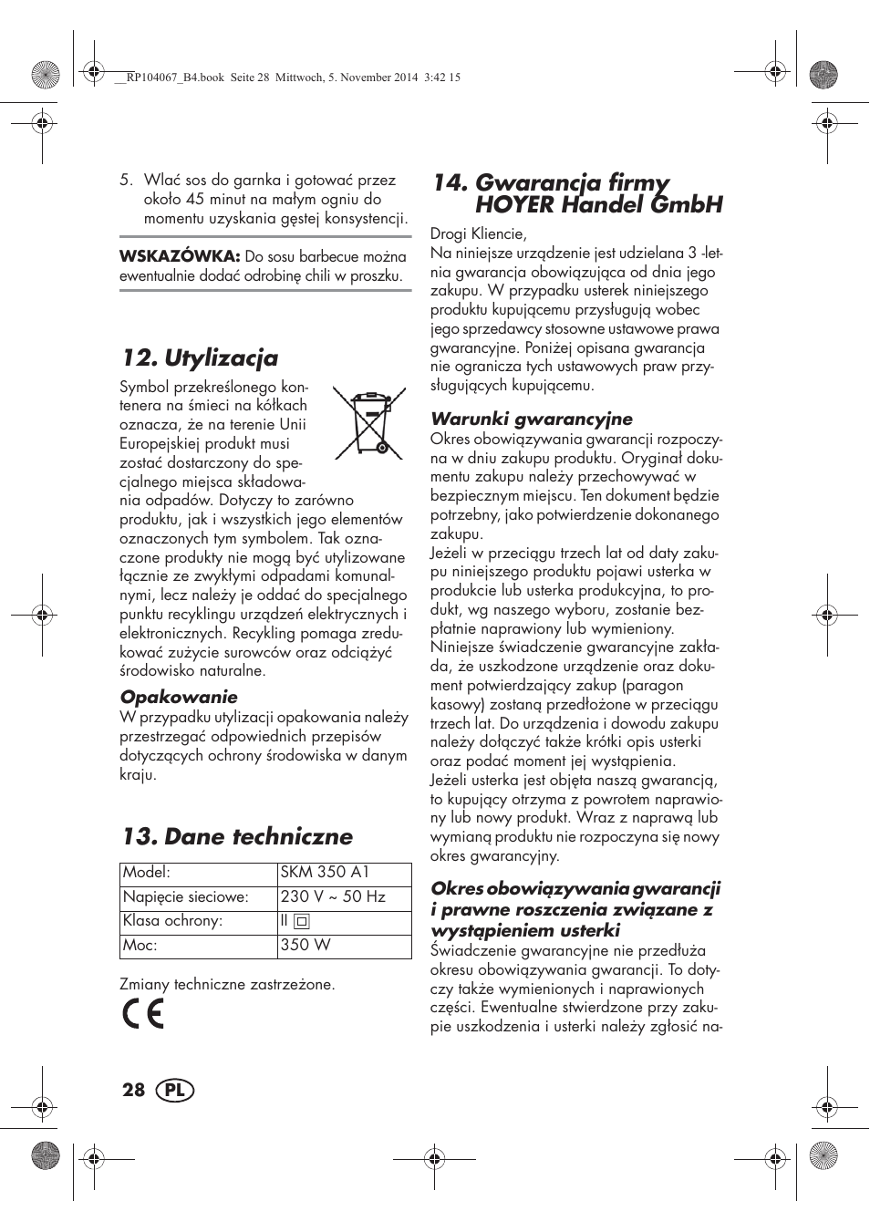 Utylizacja, Dane techniczne, Gwarancja firmy hoyer handel gmbh | Silvercrest SKM 350 A1 User Manual | Page 30 / 102