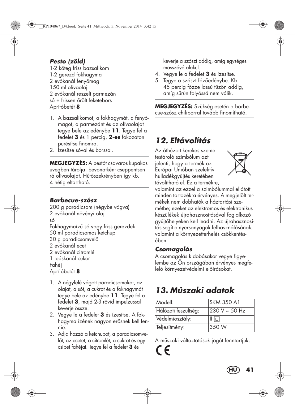 Eltávolítás, Mszaki adatok | Silvercrest SKM 350 A1 User Manual | Page 43 / 102