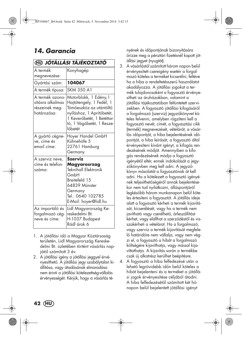 Garancia | Silvercrest SKM 350 A1 User Manual | Page 44 / 102