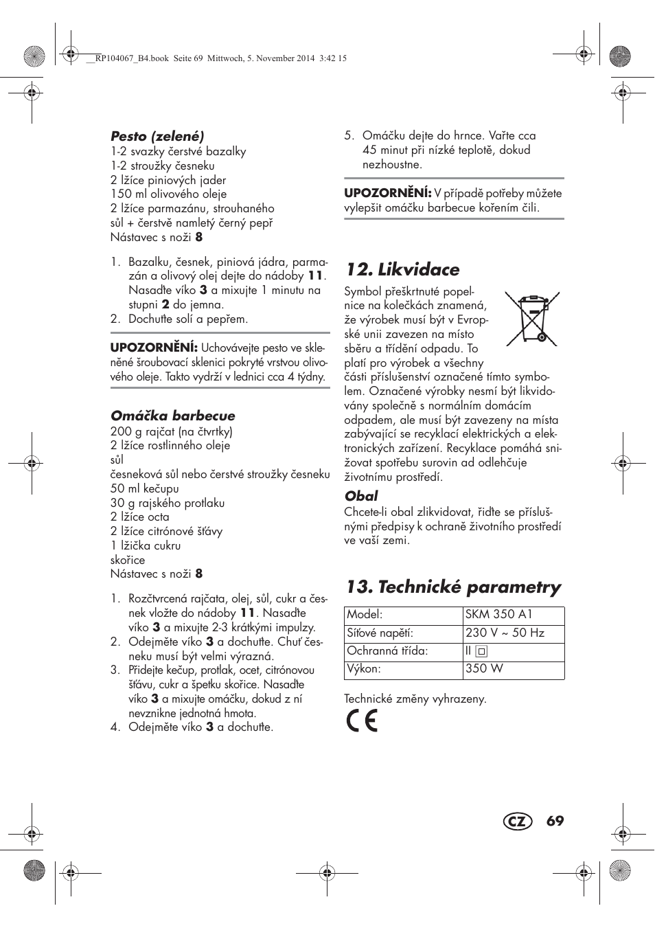 Likvidace, Technické parametry | Silvercrest SKM 350 A1 User Manual | Page 71 / 102
