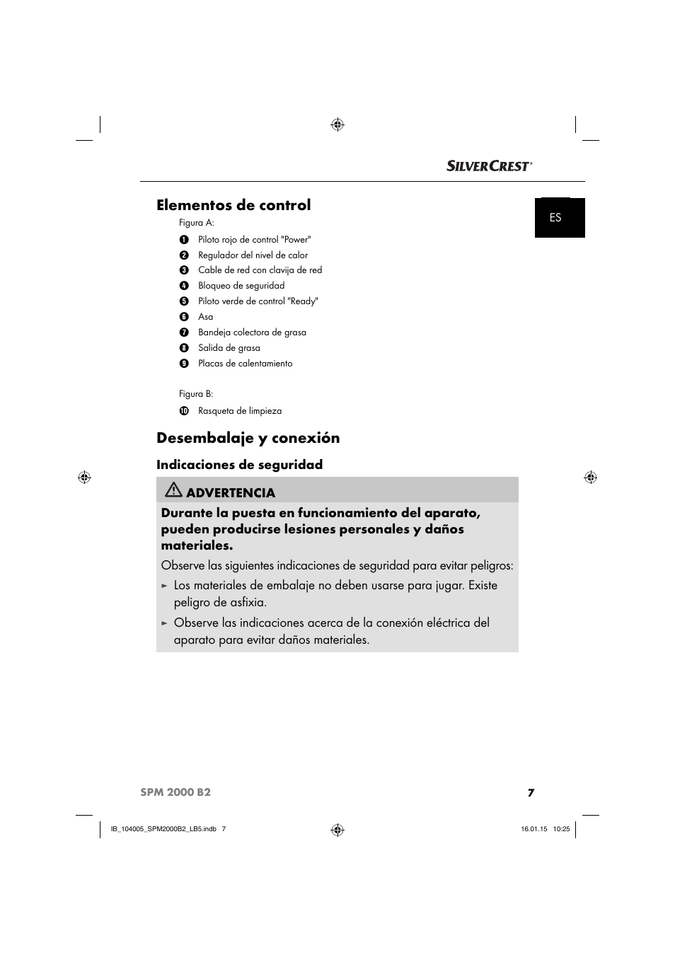 Elementos de control, Desembalaje y conexión | Silvercrest SPM 2000 B2 User Manual | Page 10 / 94