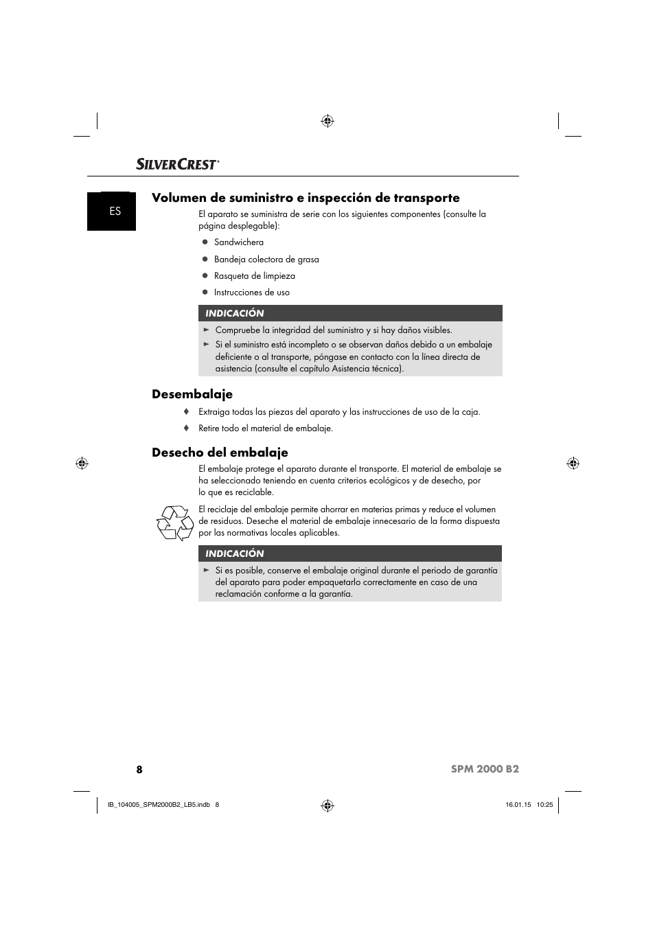 Volumen de suministro e inspección de transporte, Desembalaje, Desecho del embalaje | Silvercrest SPM 2000 B2 User Manual | Page 11 / 94