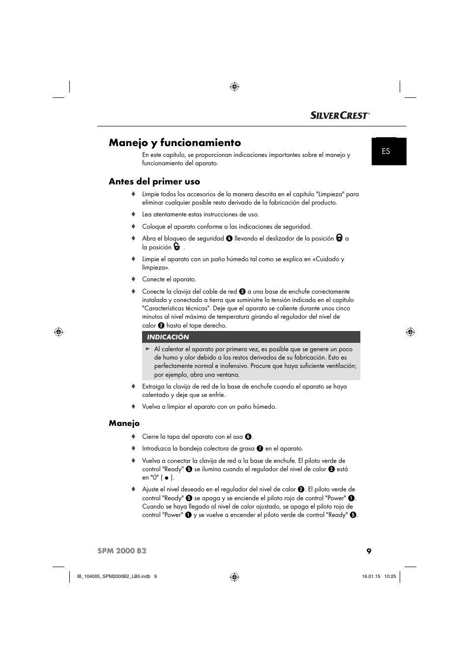 Manejo y funcionamiento, Antes del primer uso, Manejo | Silvercrest SPM 2000 B2 User Manual | Page 12 / 94