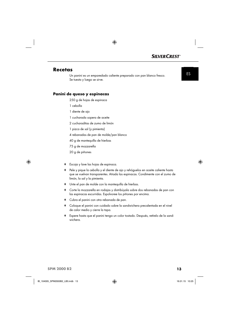 Recetas, Panini de queso y espinacas | Silvercrest SPM 2000 B2 User Manual | Page 16 / 94