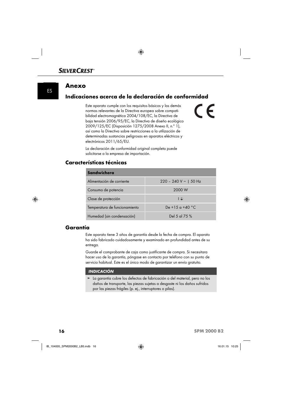 Anexo, Características técnicas, Garantía | Silvercrest SPM 2000 B2 User Manual | Page 19 / 94