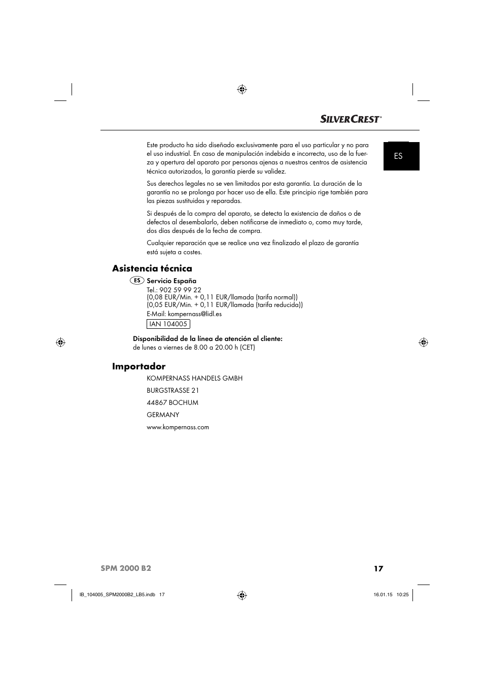 Asistencia técnica, Importador | Silvercrest SPM 2000 B2 User Manual | Page 20 / 94