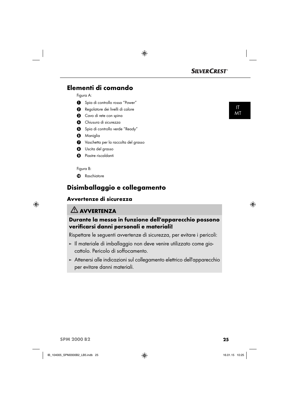 Elementi di comando, Disimballaggio e collegamento | Silvercrest SPM 2000 B2 User Manual | Page 28 / 94