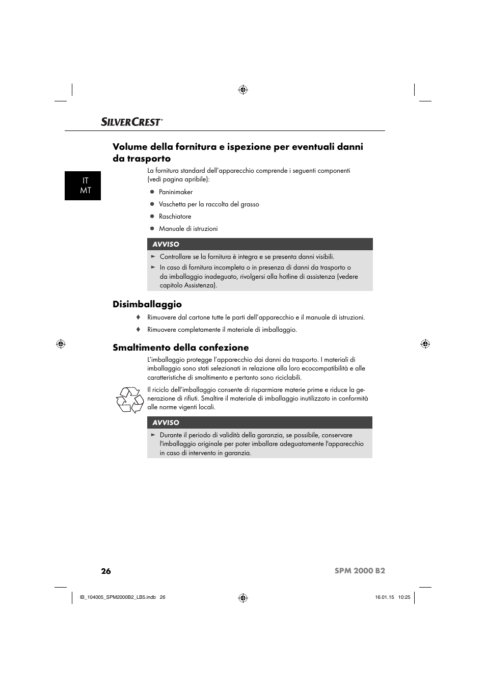 Disimballaggio, Smaltimento della confezione, It mt | Silvercrest SPM 2000 B2 User Manual | Page 29 / 94