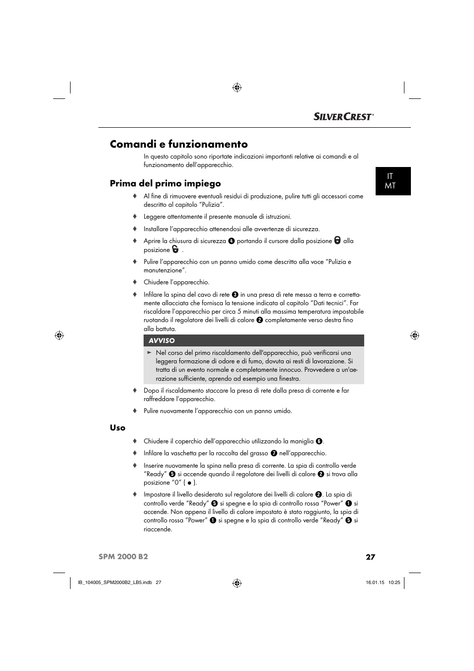 Comandi e funzionamento, Prima del primo impiego, It mt | Silvercrest SPM 2000 B2 User Manual | Page 30 / 94